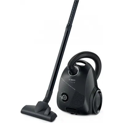 A black Bosch vacuum cleaner with its hose and wand is displayed against a white background.