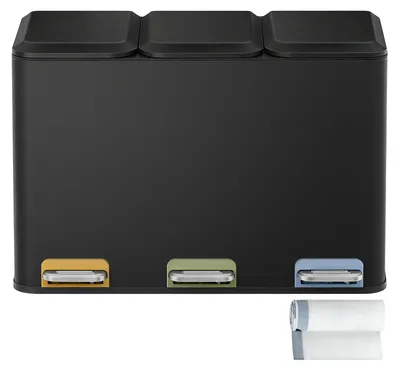 Image de Poubelle de tri avec 3 bacs intérieurs de 15 litres, seau à pédale en acier, couleur noire, dimensions : 38,8 x 60,5 x 42,7 cm