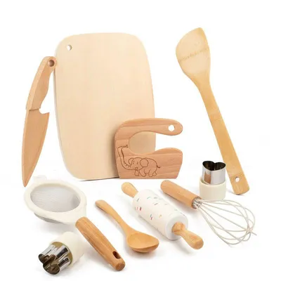 Produktbild von Holz Kinder Küchen-Spielset – 10-teiliges Schneide-Set mit Messer & Schneidebrett – Sichere Spielzeug-Lebensmittel zum Schneiden von Obst & Gemüse