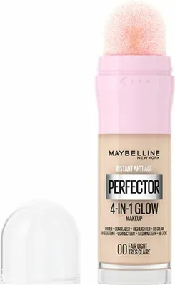 A bottle of Maybelline Instant Perfector Glow Makeup with its cap off, placed next to it on a white background.