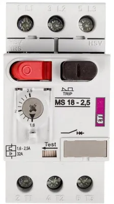 Imagen del producto de Interruptor de protección de motor, 3 polos, 0,75 kW, 1,6-2,5 A, modelo MS18, número de artículo 004600346