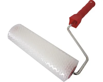 A paint roller with a textured white roller head and a red handle, isolated on a white background.