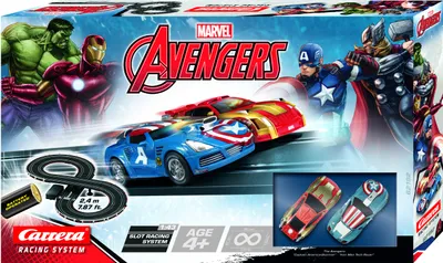 The image shows the packaging of a Carrera GO Avengers slot racing system. The box features illustrations of Marvel Avengers characters and the racing cars.