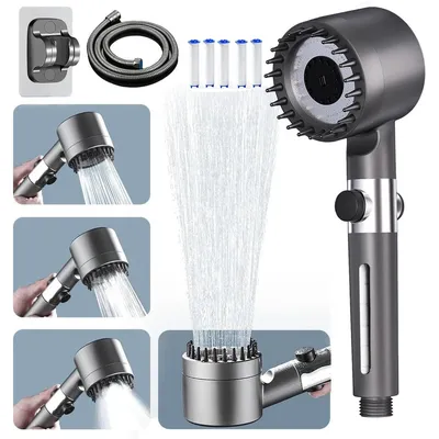Produktbild von Sparduschkopf mit Silikon-Massage, Filter und 3 Strahlarten,Hochdruck Handbrause für Bad und Haustiere,Grau Wassersparend Handbrause
