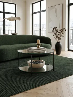 Produktbild von Couchtisch 80x80x45 cm Glas / Metall Wohnzimmertisch Rund Modern, Sofatisch mit Stauraum, Loungetisch mit Ablagefach, Kaffeetisch Beistelltisch