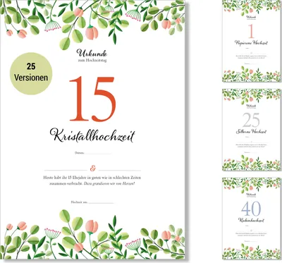 Produktbild von Frank Paperman® | 15 Hochzeitstag Geschenk | Ehejubiläum | Kristall Hochzeit Geschenk | Urkunde Hochzeitstag | floral | Vordruck im DIN-A4-Format