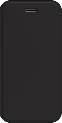 A black flip case for a smartphone is shown against a white background.