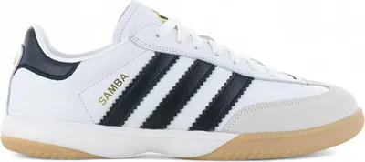 A side view of a white Adidas Samba sneaker with black stripes and a tan sole.