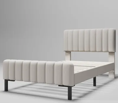 Immagine prodotto di Letto singolo imbottito Sweiko con testiera regolabile e rete a doghe, lino, 90 x 200 cm, beige (con materasso)