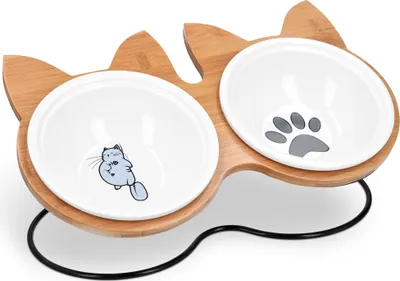 Produktbild von Navaris Futternapf Katze mit Bambus Halter - Futterstation Set Keramiknapf für Katzen Hunde - Keramik Fressnapf Set - Futternapf mit Halterung