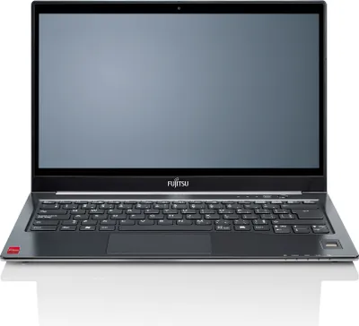 A front view of an open Fujitsu laptop with a gray screen and black keyboard, set against a white background.