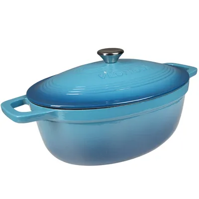 Image de Mijoteuse en fonte, 6 L, bleue, ovale, émaillée - pour induction, gaz, four - avec relief sur le couvercle - répartition homogène de la chaleur, idéale pour mijoter