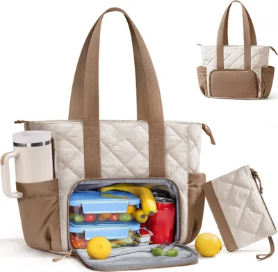 Image de Sac à lunch pour femmes, sacoche pour ordinateur portable (jusqu'à 15,6 pouces) avec compartiment isolé pour le déjeuner et porte-boisson, boîte à lunch légère pour les voyages et le bureau, kaki