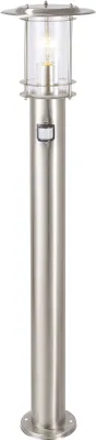 A stainless steel outdoor standing lamp with a glass shade and a motion sensor.