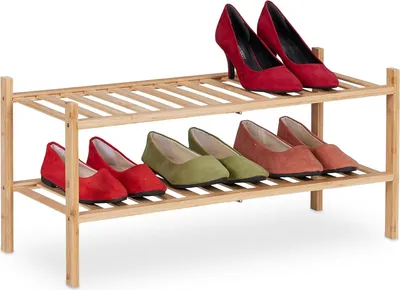 Produktbild von Relaxdays Schuhregal, Bambus, 6 Paar Schuhe, HxBxT: 32 x 68,5 x 28 cm, mit 2 Ablagen, schmal, Schuhständer Flur, natur