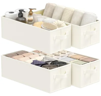 Produktbild von Stoffaufbewahrungswürfel, schmaler, faltbarer Kleiderschrank-Organizer mit Griff, würfelförmige Box für Kleiderschrank, Regal und Kleidung, 4 Stück, beige, 38 x 15,5 x 13 cm