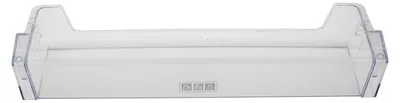 A clear, studio shot of a transparent plastic refrigerator door shelf against a white background.