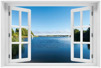 Produktbild von Wallario Premium Glasbild mit Fensterrahmen, freischwebende Optik, kräftige Farben, Größe 60 x 90 cm Motiv Malerischer See mit Schilf unter blauem Himmel