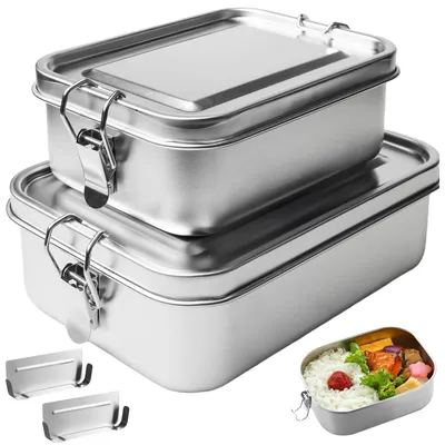 Image de Ensemble de 2 boîtes repas en acier inoxydable, avec compartiments et couvercles