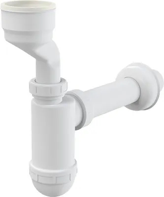 A white plastic urinal siphon with a bottle trap and a connecting pipe.