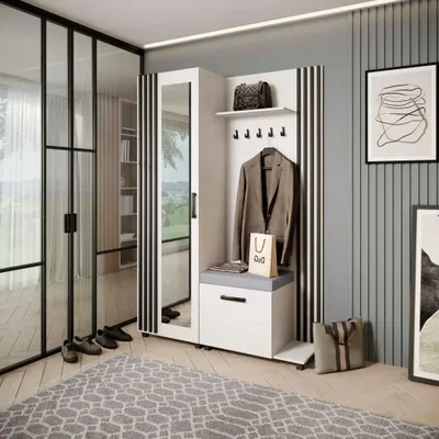Produktbild von Garderobenschrank LIVIA – Garderoben-Set mit Spiegel und Aufhängern, Weiß, Lamellen in Schwarz, Sitzkissen in Grau, Rechts