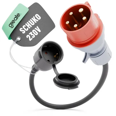 Obrázek produktu pro Adaptér CEE 16A na zásuvku Schuko – adaptér pro přeměnu silnoproudu na slaboproud, 230V, 16A, s kabeláží o délce 50 cm a ochranou IP44