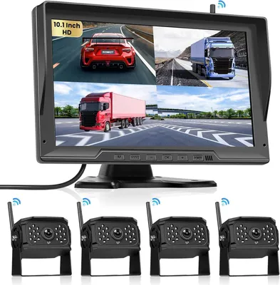 Obrázek produktu pro 4kanálová bezdrátová digitální couvací kamera s 10,1palcovým IPS displejem, vodotěsná couvací kamera (stupeň krytí IP68), stabilní digitální signál, širokoúhlý noční vidění