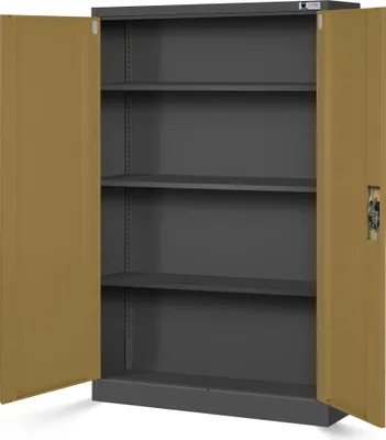 An open metal cabinet with shelves.