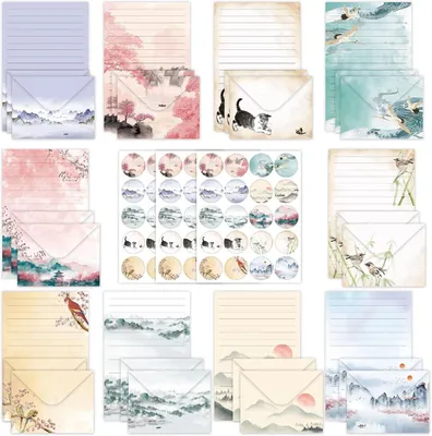 Produktbild von 160 Stück Briefpapier mit Umschlag Set, 50 A5 Briefpapier(10 Designs) mit 50 Briefumschläge, Ideal als Einladungskarten Glückwunschkarte für Mädchen und Kinder, Set B