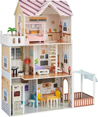 Zdjęcie produktu dla Drewniany domek dla lalek VEVOR, zestaw do zabawy w willę dla lalek dla dzieci, wymarzona willa dla majsterkowiczów z 3 poziomami, 7 obszarami do zabawy i 15 akcesoriami meblowymi, idealna dla lalek 30 cm, prezent dla dzieci w wieku 3 lat i starszych