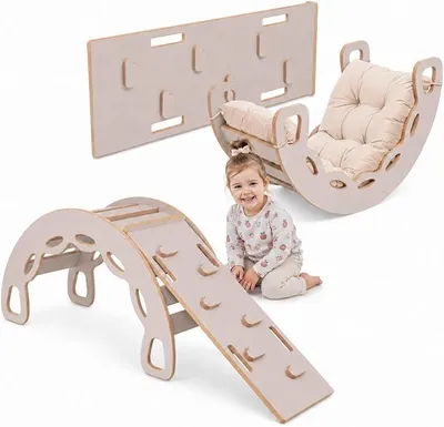 Produktbild von Klettergerüst Indoor ab 1 Jahr, Montessori Kletterbogen 4in1 mit Rutsche, Kletterwand & Kissen, Holz Spielzeug für Baby und Kinder