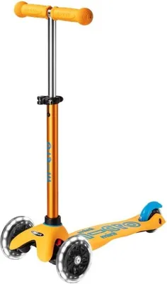 A three-wheeled scooter with orange handlebars and stem, and a yellow deck with blue accents on the rear wheel guard.