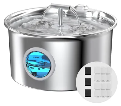 Productafbeelding van Kattenfontein, roestvrij staal, 2,6 liter, stille drinkfontein met LED-verlichting en 9 filters