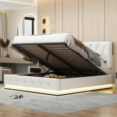 Produktbild von Fortuna Lai Polsterbett 140x200cm mit Bettkasten und LED-Beleuchtung, hydraulisches Boxspringbett mit höhenverstellbarem Kopfteil und Lattenrost, Kunstleder Doppelbett Jugendbett Stauraumbett, Weiß