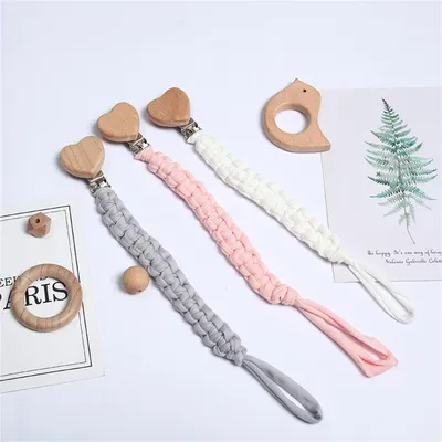 Image de Lot de 3 attaches-sucettes pour bébé, en tissu, avec clip, en bois de hêtre, unisexe, rose, blanc, gris
