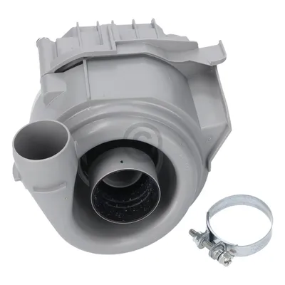 A light gray plastic dishwasher drain pump with a metal clamp next to it.