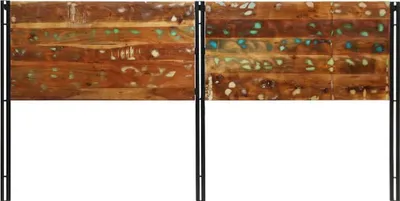 Two identical headboards made of reclaimed wood and iron frames are shown against a white background.