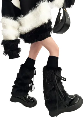 Produktbild von Flauschige Beinstulpen für Damen, Winter-Beinstulpen aus Kunstpelz mit Schleifen, flauschige Stiefelstulpen für Halloween, Weihnachten, Kostüme, Cosplay-Partys