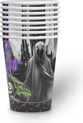 Produktbild von Halloween Neon Becher Motiv 2 – 8er-Pack, 250 ml, mit Geist- und Kürbismotiv