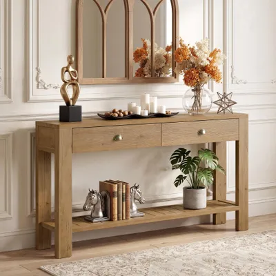 Immagine prodotto di Tavolino consolle in legno massello con 2 cassetti, tavolino da ingresso lungo 140 cm in stile rustico, con vano aperto per riporre oggetti, ideale per il soggiorno e l'ingresso