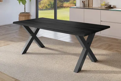 Produktbild von Esstisch 220x100 cm Baumkante Holz Grau-Optik X-Gestell Metall schwarz JULIUS