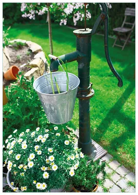 Produktbild von Wallario Premium Glasbild, freischwebende Optik, kräftige Farben, Größe 100 x 70 cm Motiv Wasserquelle im Garten