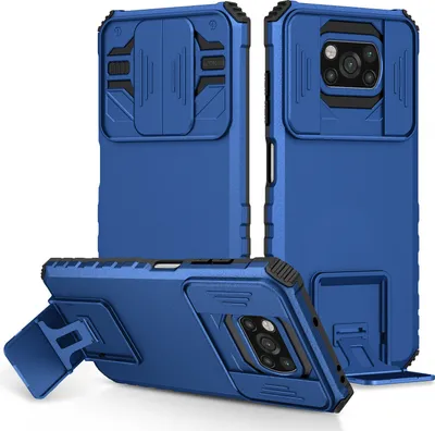 Produktbild von Xiaomi Poco X3 Hülle, Dual Layer Ständer Schutzhülle mit Schiebe Kamera Schutz für Xiaomi Poco X3 NFC / X3 Pro Blau