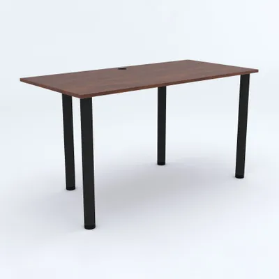 A product shot of a desk with a brown top and black legs against a white background.