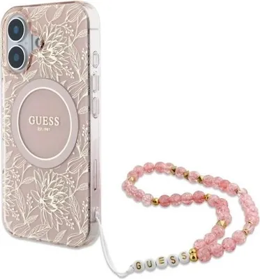 Immagine prodotto di Guess GUHMP16SHCPOFPP Custodia rigida per Apple iPhone 16 IML Flowers Allover Electro con cinturino perlato MagSafe rosa