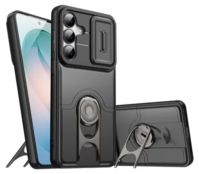 Image de Coque pour Samsung Galaxy S24 FE avec protection de l'appareil photo et anneau-support, coque hybride antichoc, noire