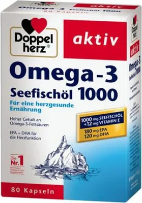A product box for Doppelherz Omega-3 Seefischöl 1000 capsules.