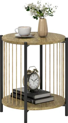 Obrázek produktu pro Odkládací stolek - Kulatý dvoupatrový - Dřevo - S policí - 43,5 × 43,5 × 51 cm - Minimalistická moderna - Nutná montáž - Béžová barva