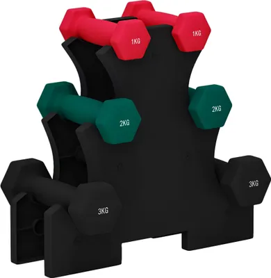 Image de SPORTNOW Ensemble d'haltères hexagonaux courtes total 12 Kg - support d'haltères incluses - pour la musculation, 6 haltères - 2 x 1kg, 2 x 2kg, 2 x 3kg