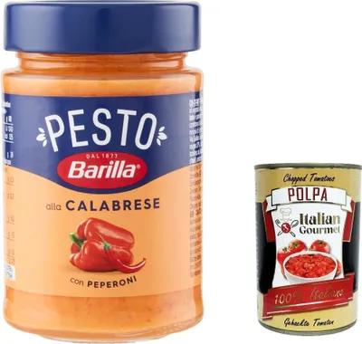 Produktbild von 6x Pesto alla Calabrese 190g | Glutenfreie Italienische Pasta-Sauce mit Paprika, Peperoni, Ricotta, Pecorino Romano und Grana Padano, Nudel-Soße, rotes Pesto + Italian gourmet polpa 400g